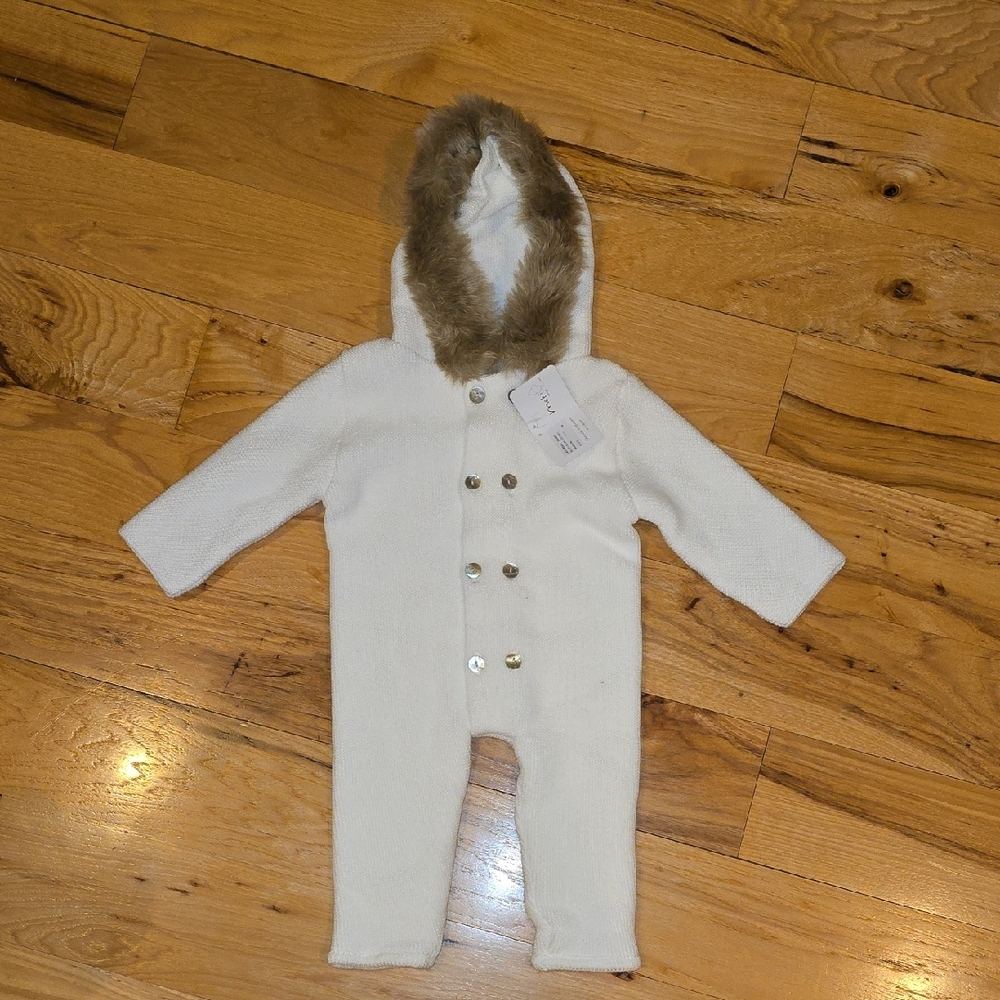 MEBI Knitted White Pramsuit Detachable Fur